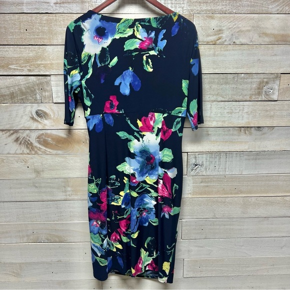 Lauren Ralph Lauren Dress Womens 14 Blue Floral V Neck Half Sleeve Stretch - Picture 6 of 11